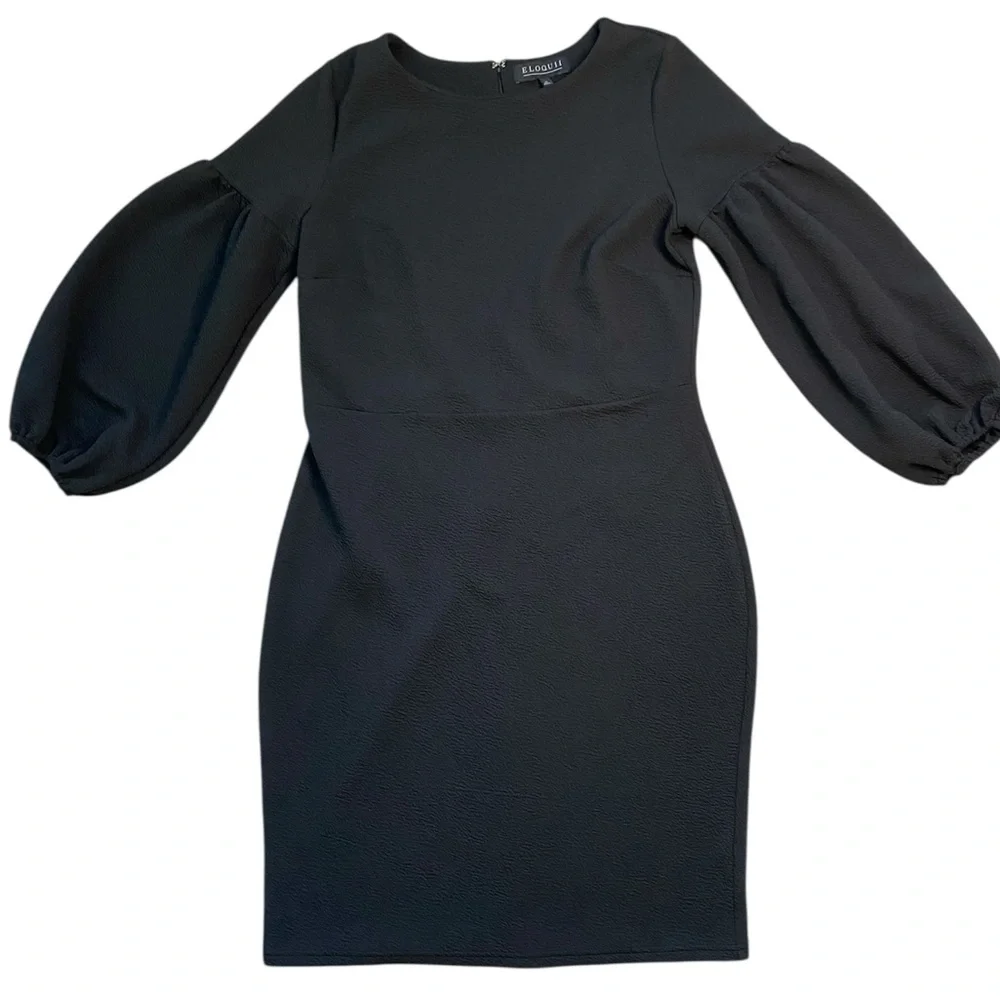 Eloquii Black Long Puff Sleeve Knee Length Dress - Picture 2 of 15